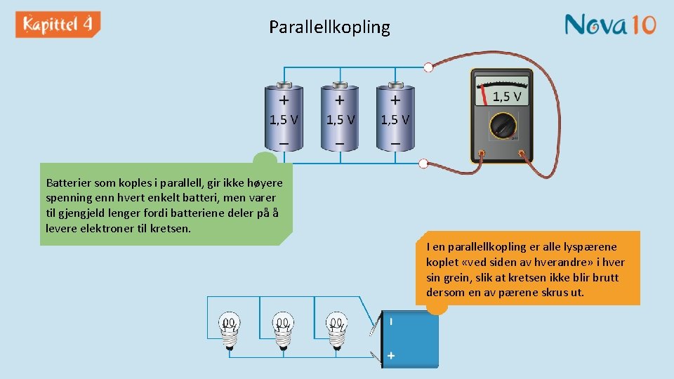 Parallellkopling Batterier som koples i parallell, gir ikke høyere spenning enn hvert enkelt batteri,