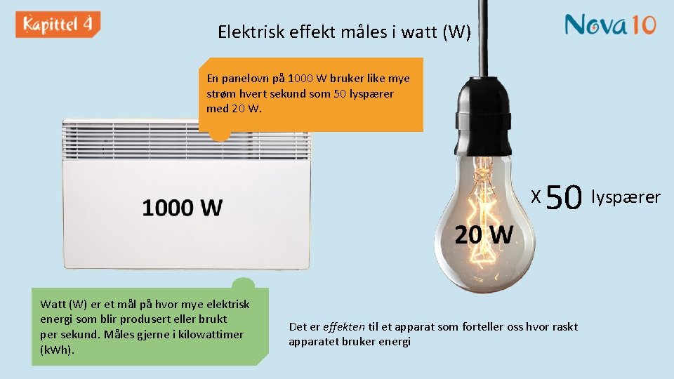 Elektrisk effekt måles i watt (W) En panelovn på 1000 W bruker like mye