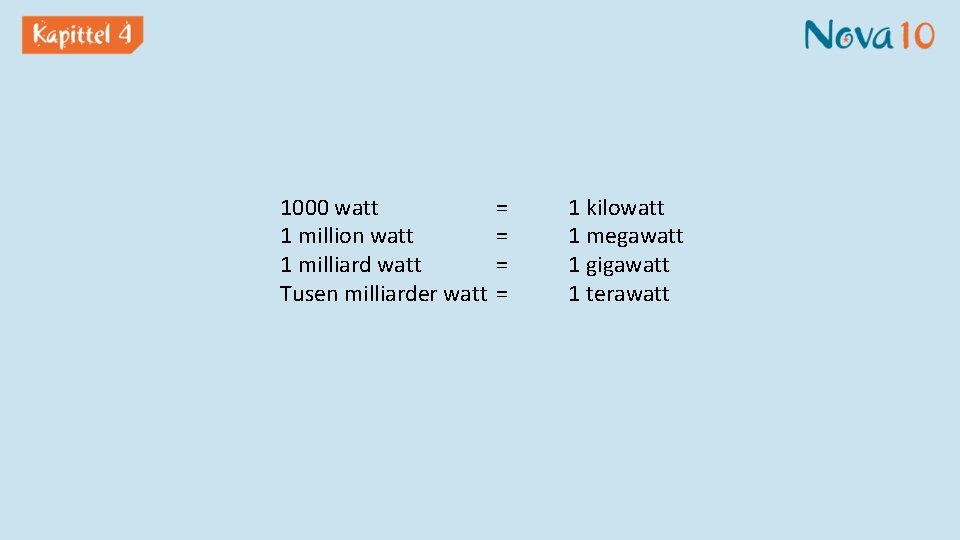 1000 watt 1 million watt 1 milliard watt Tusen milliarder watt = = 1