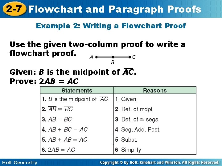 2 -7 Flowchart and Paragraph Proofs Example 2: Writing a Flowchart Proof Use the