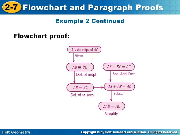 2 -7 Flowchart and Paragraph Proofs Example 2 Continued Flowchart proof: Holt Geometry 