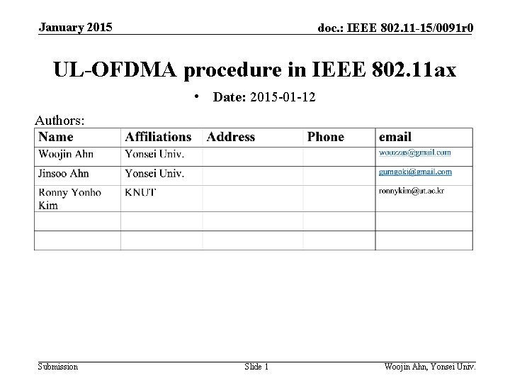 January 2015 doc. : IEEE 802. 11 -15/0091 r 0 UL-OFDMA procedure in IEEE