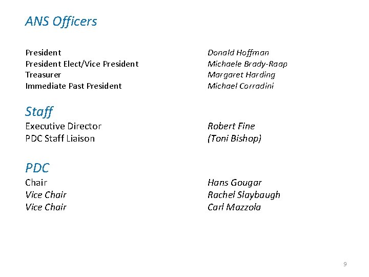 ANS Officers President Elect/Vice President Treasurer Immediate Past President Staff Executive Director PDC Staff