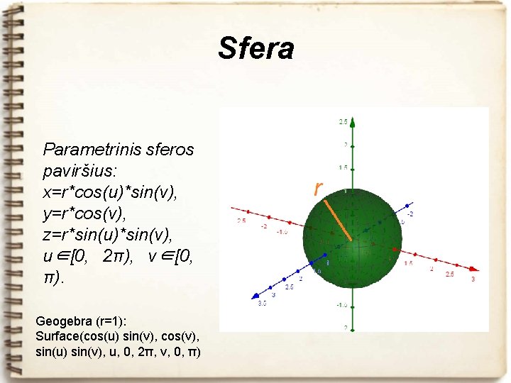 Sfera Parametrinis sferos paviršius: x=r*cos(u)*sin(v), y=r*cos(v), z=r*sin(u)*sin(v), u∈[0, 2π), v∈[0, π). Geogebra (r=1): Surface(cos(u)