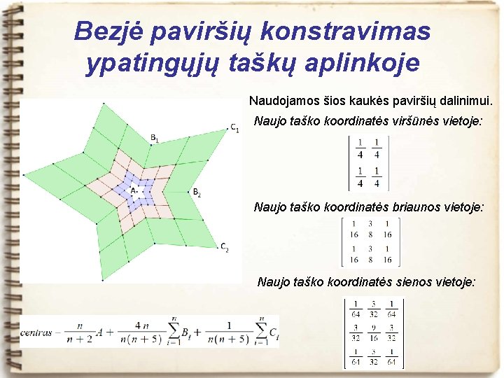 Bezjė paviršių konstravimas ypatingųjų taškų aplinkoje Naudojamos šios kaukės paviršių dalinimui. Naujo taško koordinatės