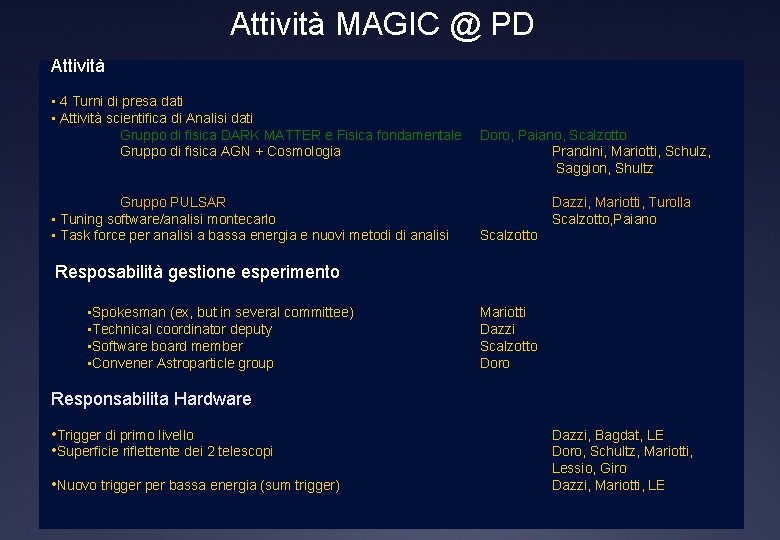 Attività MAGIC @ PD Attività • 4 Turni di presa dati • Attività scientifica