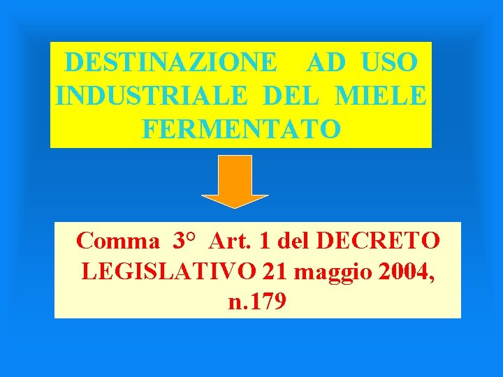 DESTINAZIONE AD USO INDUSTRIALE DEL MIELE FERMENTATO Comma 3° Art. 1 del DECRETO LEGISLATIVO