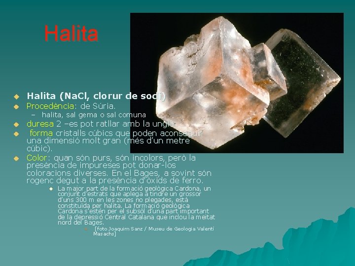 Halita u Halita (Na. Cl, clorur de sodi) u Procedència: de Súria. u duresa