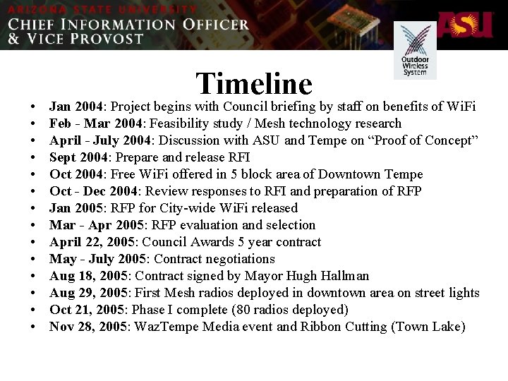  • • • • Timeline Jan 2004: Project begins with Council briefing by