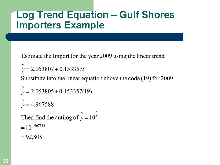 Log Trend Equation – Gulf Shores Importers Example 25 