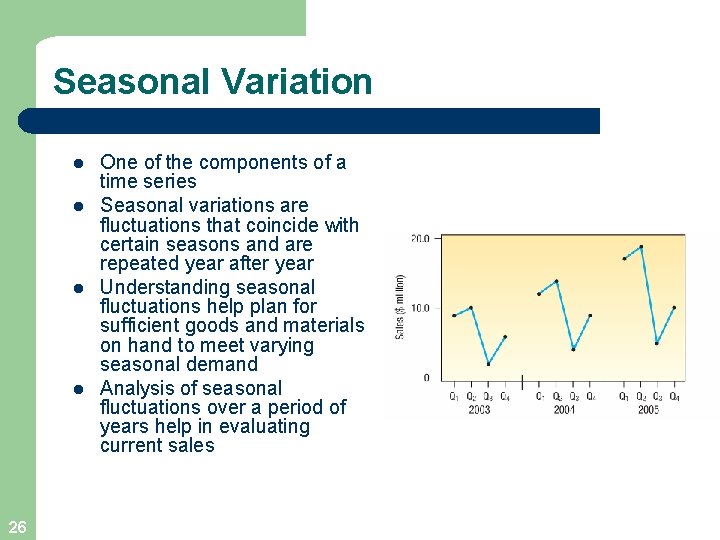 Seasonal Variation l l 26 One of the components of a time series Seasonal