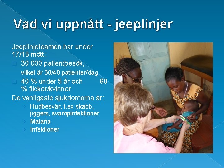 Vad vi uppnått - jeeplinjer Jeeplinjeteamen har under 17/18 mött: � 30 000 patientbesök,