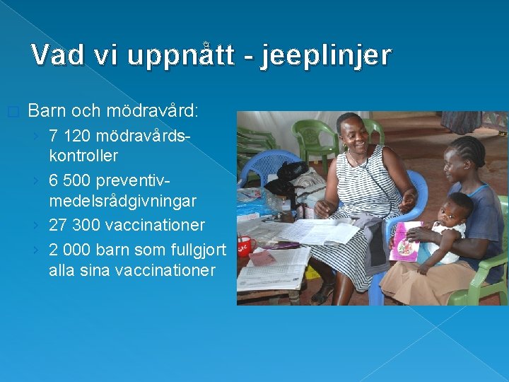 Vad vi uppnått - jeeplinjer � Barn och mödravård: › 7 120 mödravårdskontroller ›