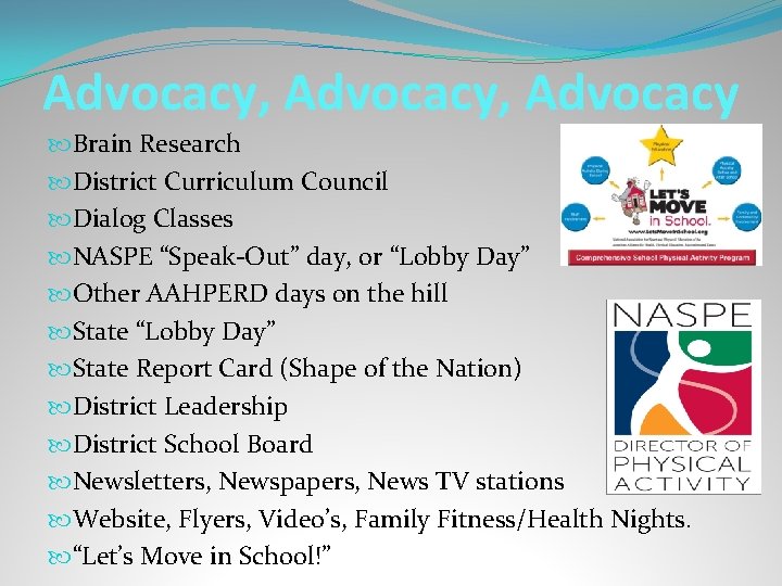 Advocacy, Advocacy Brain Research District Curriculum Council Dialog Classes NASPE “Speak-Out” day, or “Lobby