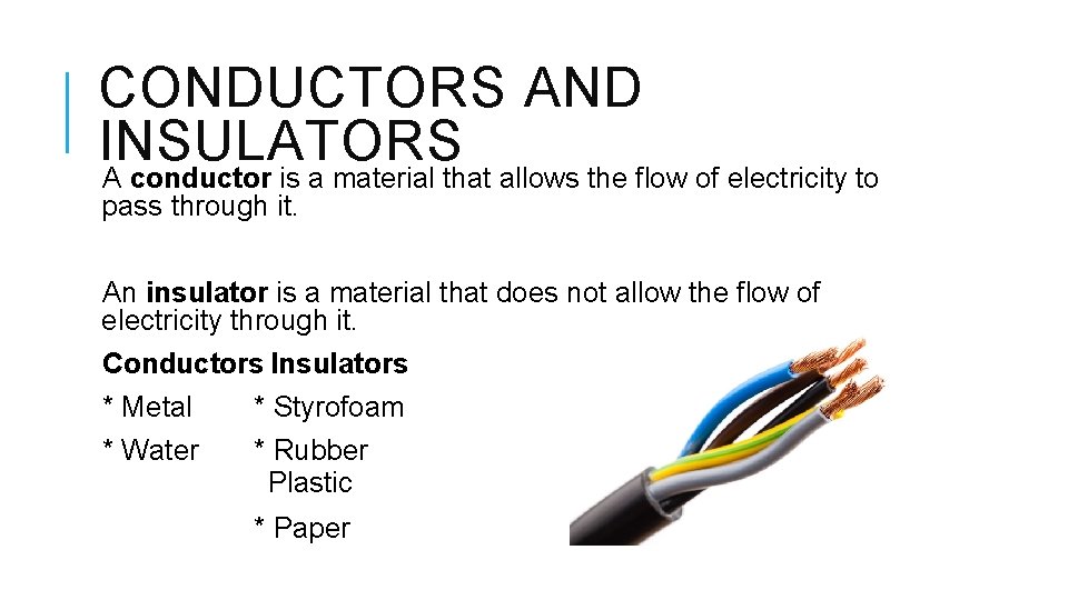 CONDUCTORS AND INSULATORS A conductor is a material that allows the flow of electricity