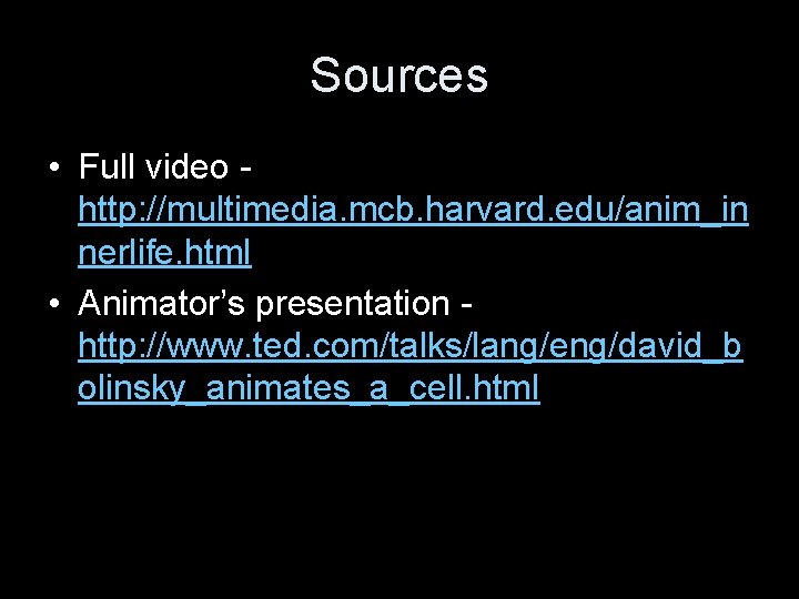 Sources • Full video http: //multimedia. mcb. harvard. edu/anim_in nerlife. html • Animator’s presentation