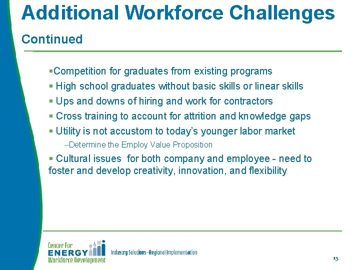 Additional Workforce Challenges Continued §Competition for graduates from existing programs § High school graduates