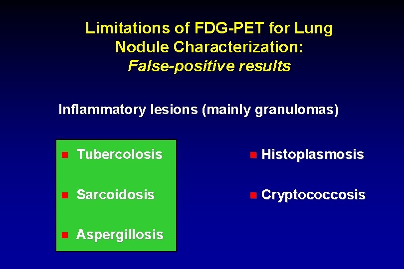 Limitations of FDG-PET for Lung Nodule Characterization: False-positive results Inflammatory lesions (mainly granulomas) Tubercolosis