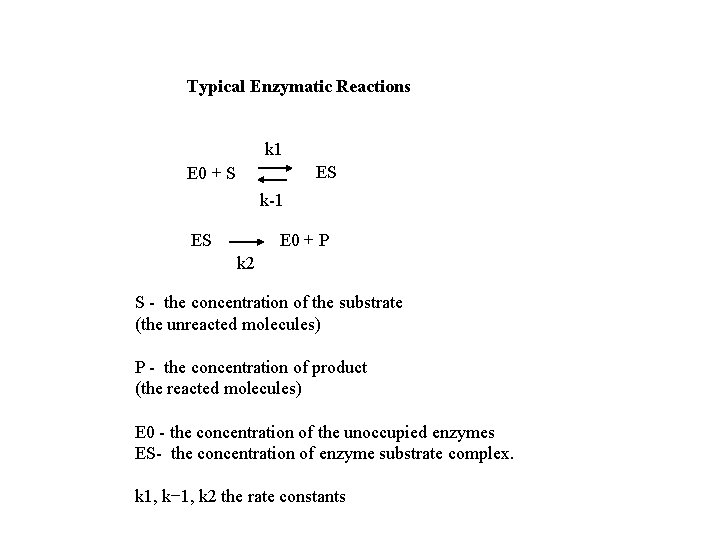 Typical Enzymatic Reactions k 1 ES E 0 + S k-1 ES E 0