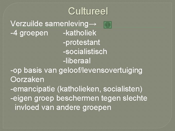 Cultureel Verzuilde samenleving→ -4 groepen -katholiek -protestant -socialistisch -liberaal -op basis van geloof/levensovertuiging Oorzaken