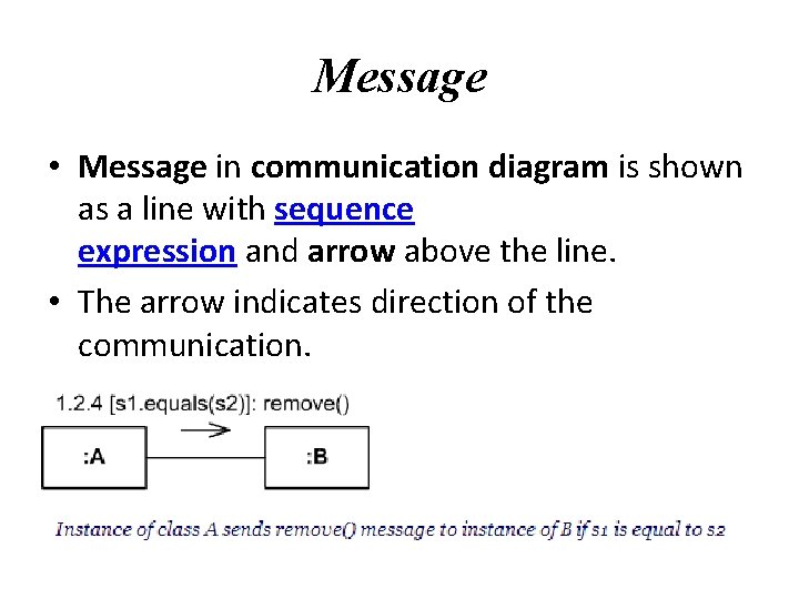 Message • Message in communication diagram is shown as a line with sequence expression