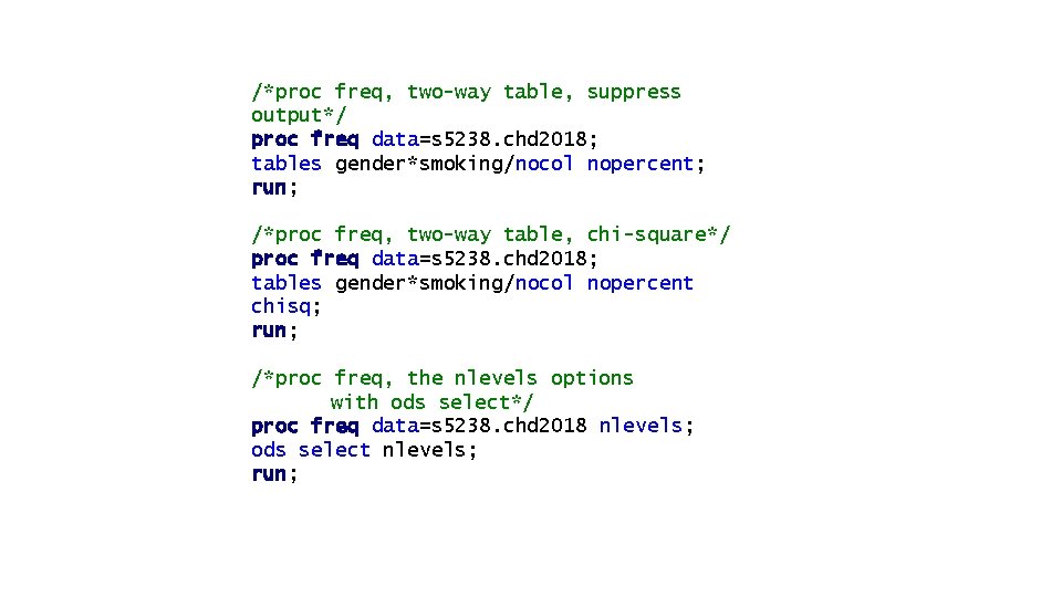 /*proc freq, two-way table, suppress output*/ proc freq data=s 5238. chd 2018; tables gender*smoking/nocol