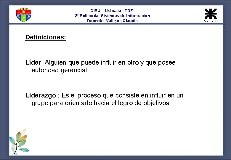 CIEU – Ushuaia - TDF -2º Polimodal: Sistemas de Información -Docente: Vallejos Claudia Definiciones: