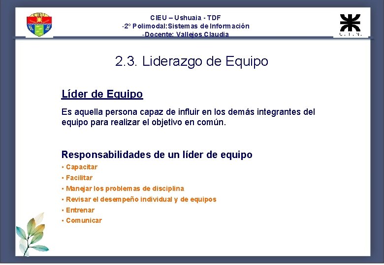 CIEU – Ushuaia - TDF -2º Polimodal: Sistemas de Información -Docente: Vallejos Claudia 2.