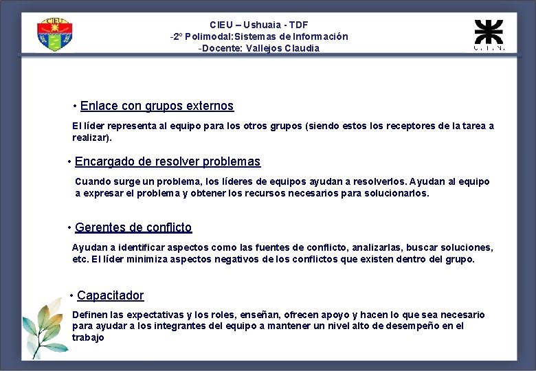 CIEU – Ushuaia - TDF -2º Polimodal: Sistemas de Información -Docente: Vallejos Claudia •