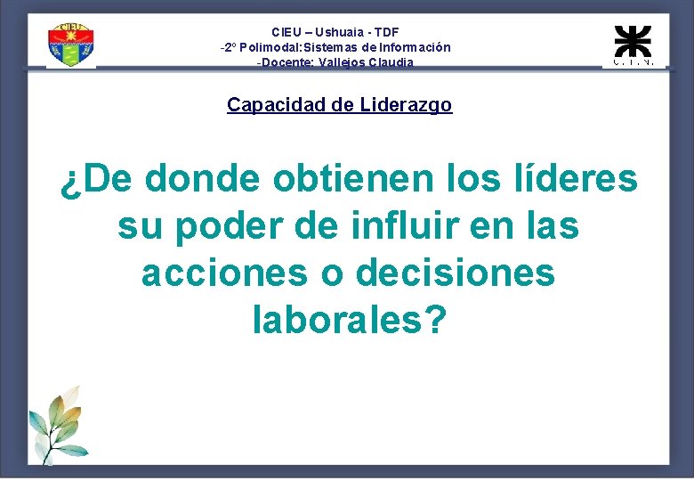CIEU – Ushuaia - TDF -2º Polimodal: Sistemas de Información -Docente: Vallejos Claudia Capacidad