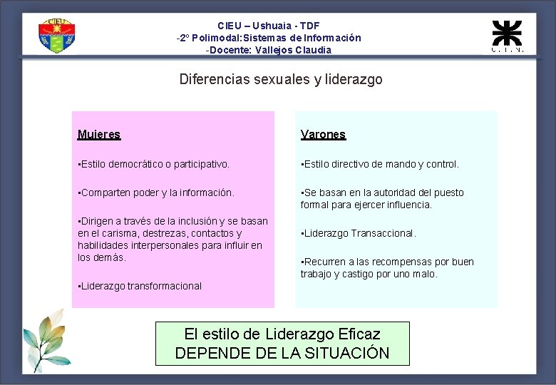 CIEU – Ushuaia - TDF -2º Polimodal: Sistemas de Información -Docente: Vallejos Claudia Diferencias