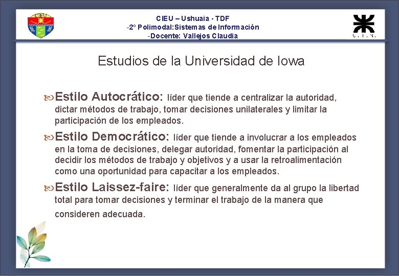 CIEU – Ushuaia - TDF -2º Polimodal: Sistemas de Información -Docente: Vallejos Claudia Estudios