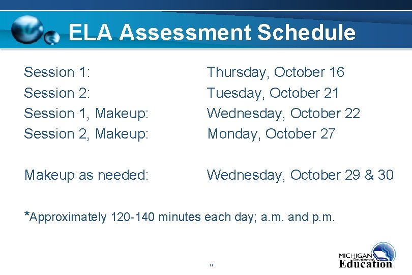 ELA Assessment Schedule Session 1: Session 2: Session 1, Makeup: Session 2, Makeup: Thursday,