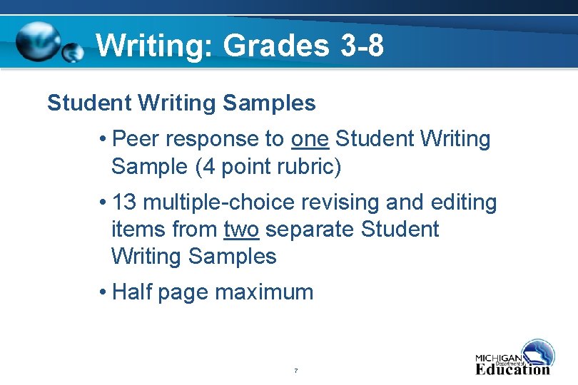 Writing: Grades 3 -8 Student Writing Samples • Peer response to one Student Writing