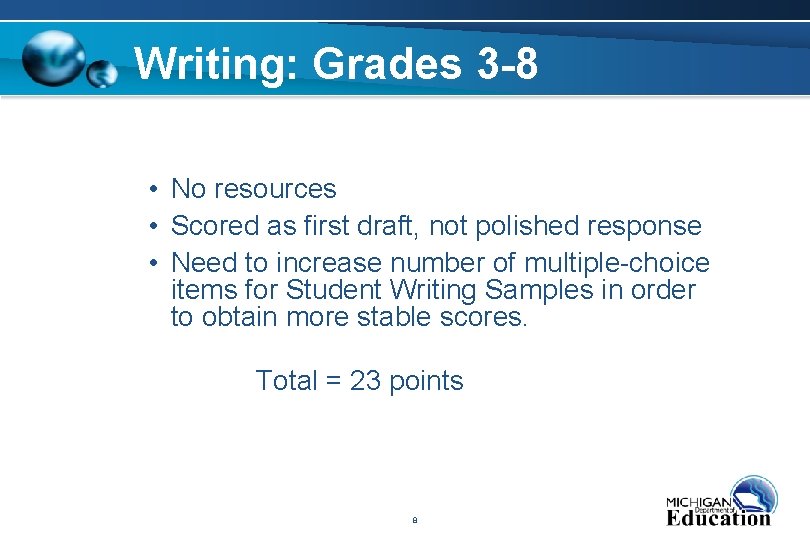Writing: Grades 3 -8 • No resources • Scored as first draft, not polished