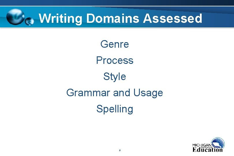 Writing Domains Assessed Genre Process Style Grammar and Usage Spelling 9 