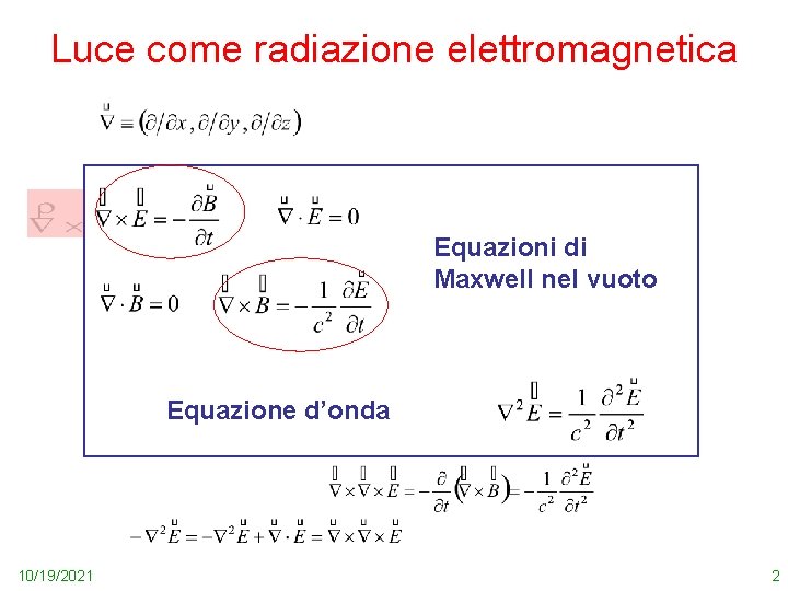 Luce come radiazione elettromagnetica Equazioni di Maxwell nel vuoto Equazione d’onda 10/19/2021 2 