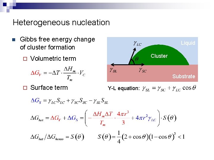 Heterogeneous nucleation n Gibbs free energy change of cluster formation ¨ Liquid Cluster Volumetric