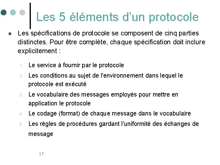 Les 5 éléments d’un protocole l Les spécifications de protocole se composent de cinq