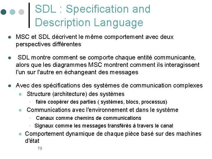 SDL : Specification and Description Language l MSC et SDL décrivent le même comportement