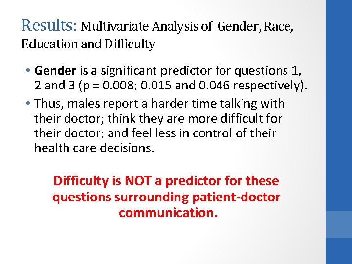 Results: Multivariate Analysis of Gender, Race, Education and Difficulty • Gender is a significant