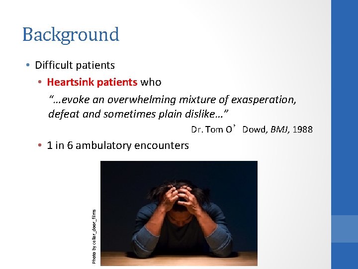 Background • Difficult patients • Heartsink patients who “…evoke an overwhelming mixture of exasperation,