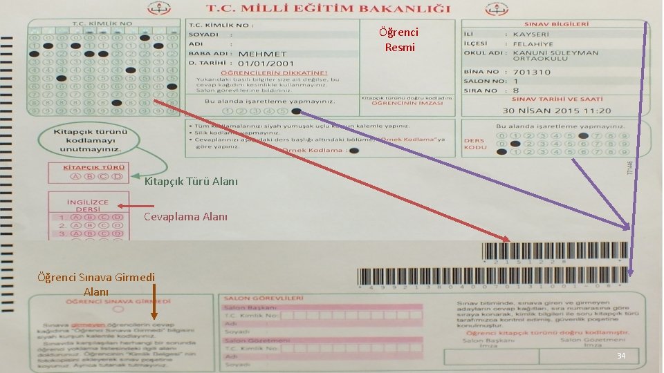 Öğrenci Resmi Kitapçık Türü Alanı Cevaplama Alanı Öğrenci Sınava Girmedi Alanı 34 