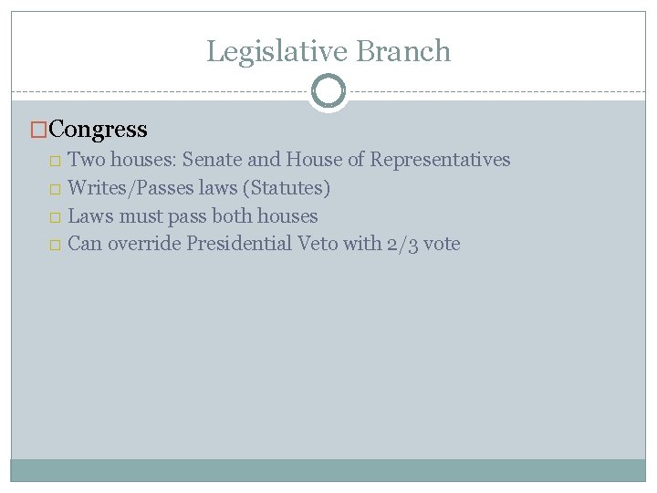 Legislative Branch �Congress � Two houses: Senate and House of Representatives � Writes/Passes laws