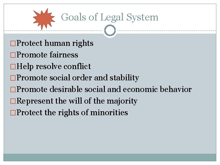 Goals of Legal System �Protect human rights �Promote fairness �Help resolve conflict �Promote social