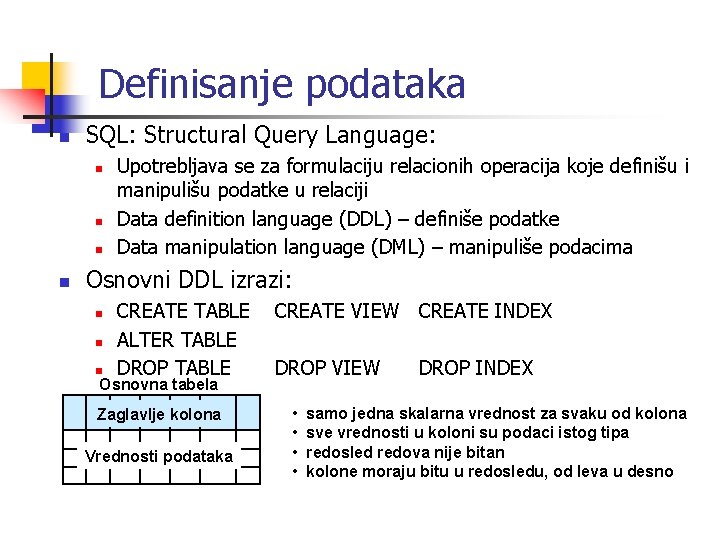 Definisanje podataka n SQL: Structural Query Language: n n Upotrebljava se za formulaciju relacionih