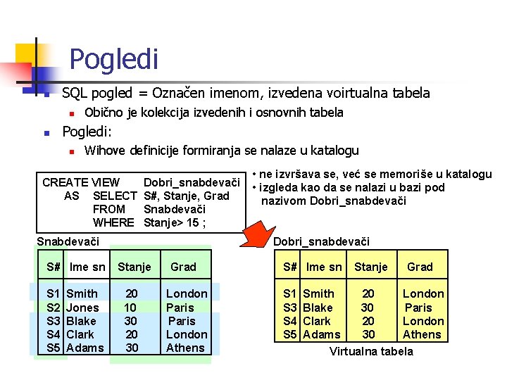 Pogledi n SQL pogled = Označen imenom, izvedena voirtualna tabela n n Obično je