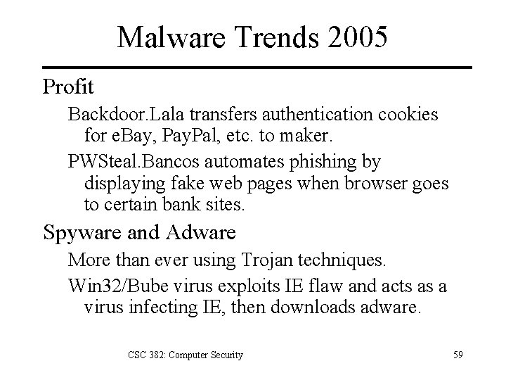 Malware Trends 2005 Profit Backdoor. Lala transfers authentication cookies for e. Bay, Pay. Pal,