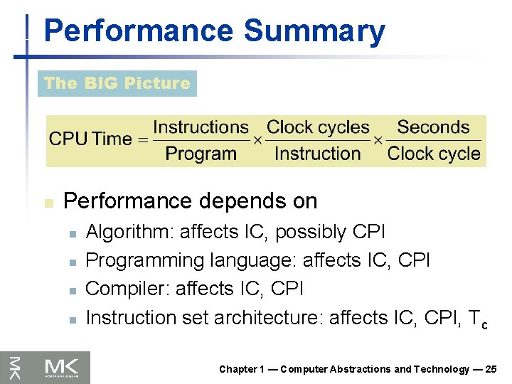 Performance Summary The BIG Picture n Performance depends on n n Algorithm: affects IC,