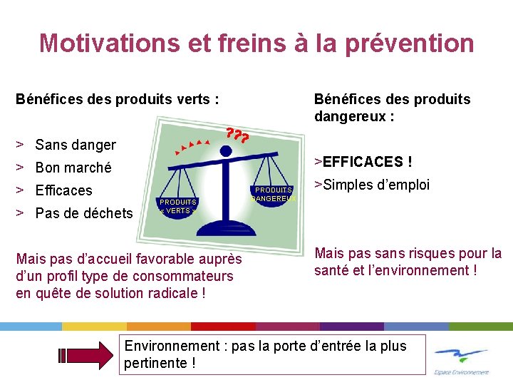 Motivations et freins à la prévention Bénéfices des produits verts : Bénéfices des produits